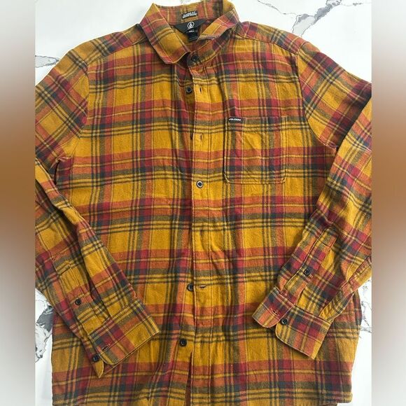 Volcom Yellow and Red Plaid Button Down Shirt - Picture 1 of 3